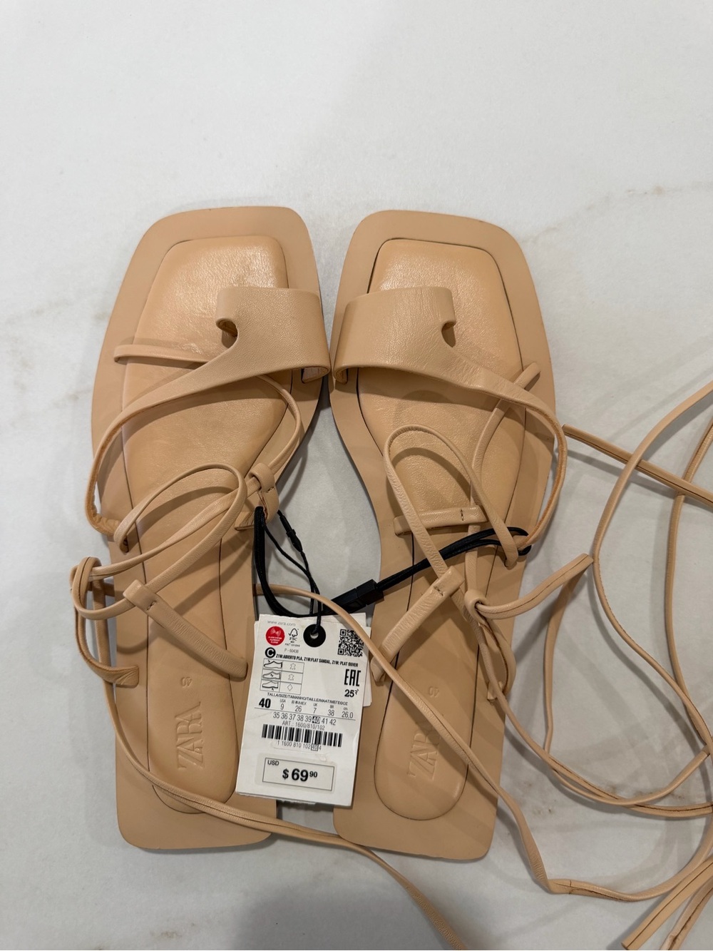 Zara Beige Lace-Up Square-Toe Sandals - Picture 2 of 4